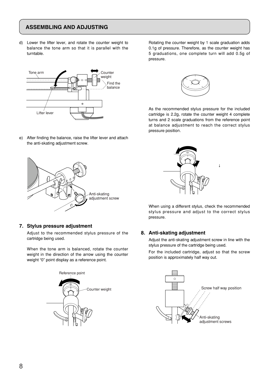 Marantz TT-15S1 manual Stylus pressure adjustment, Anti-skating adjustment 