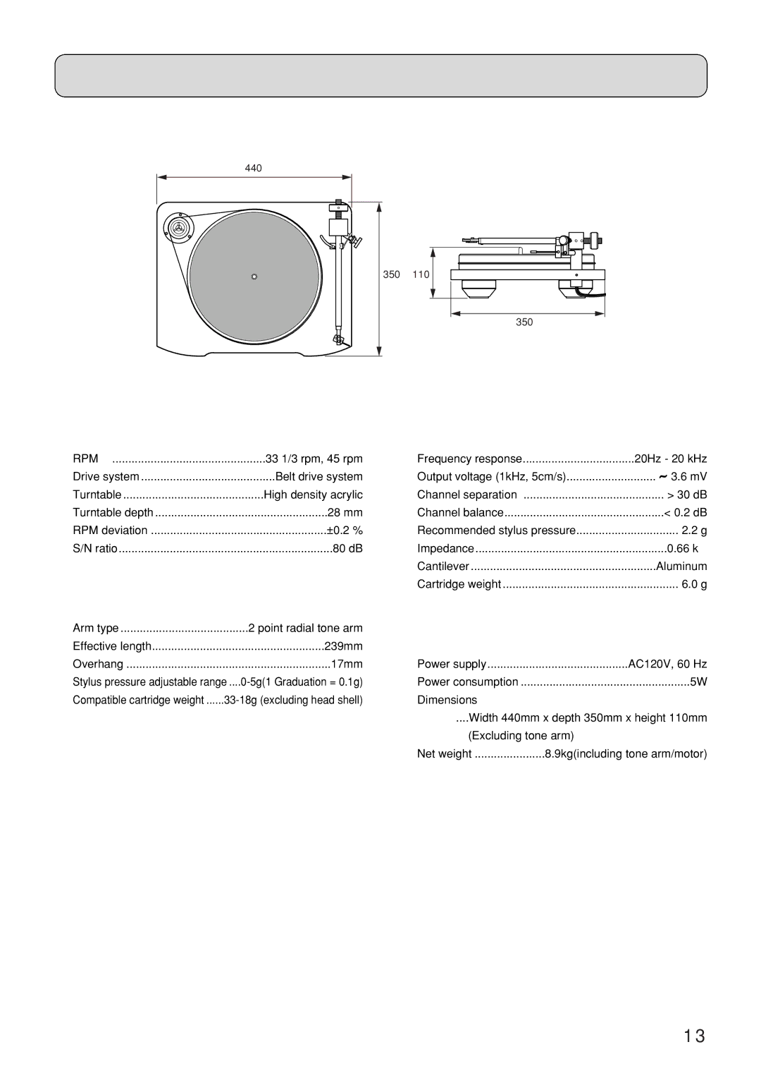 Marantz TT-15S1 manual Turntable section, Tone Arm section, General Specifications 