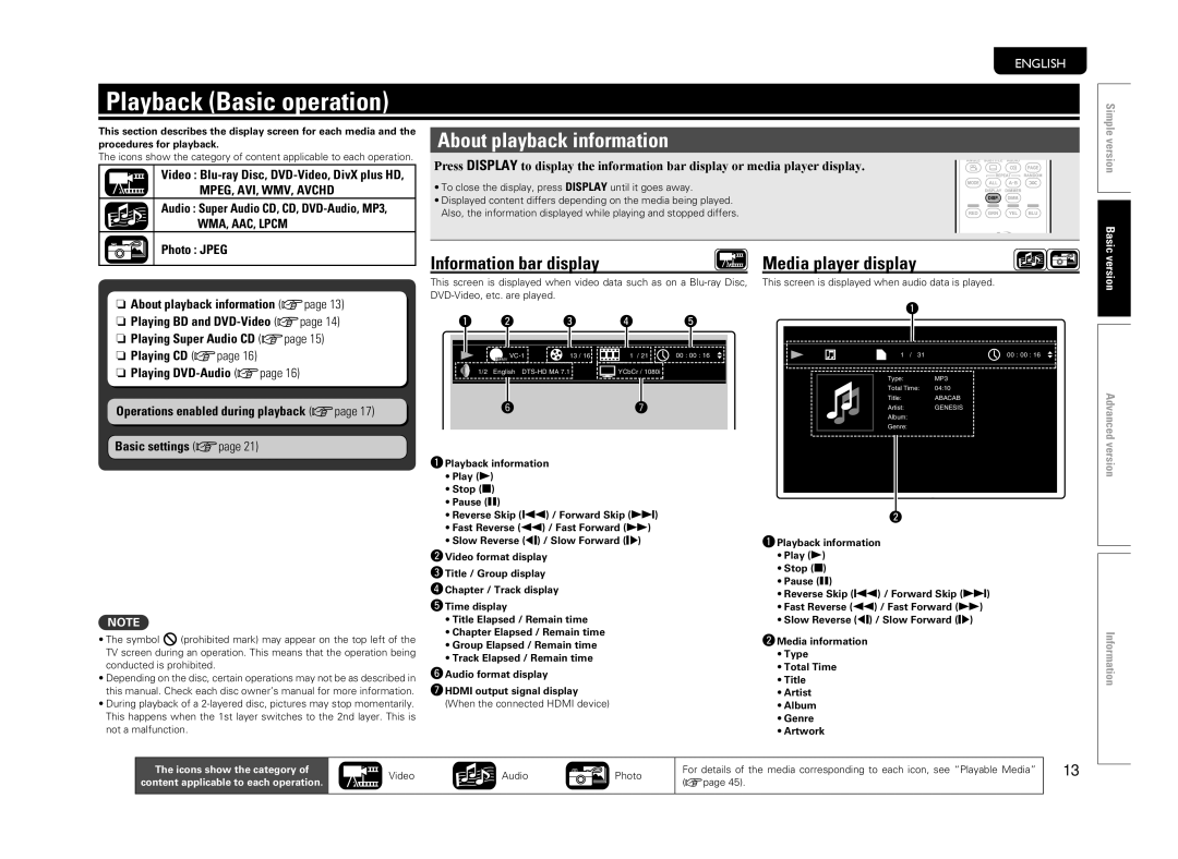 Marantz 5411 10470 007M, UD5005 manual Playback Basic operation, About playback information, Information bar display 