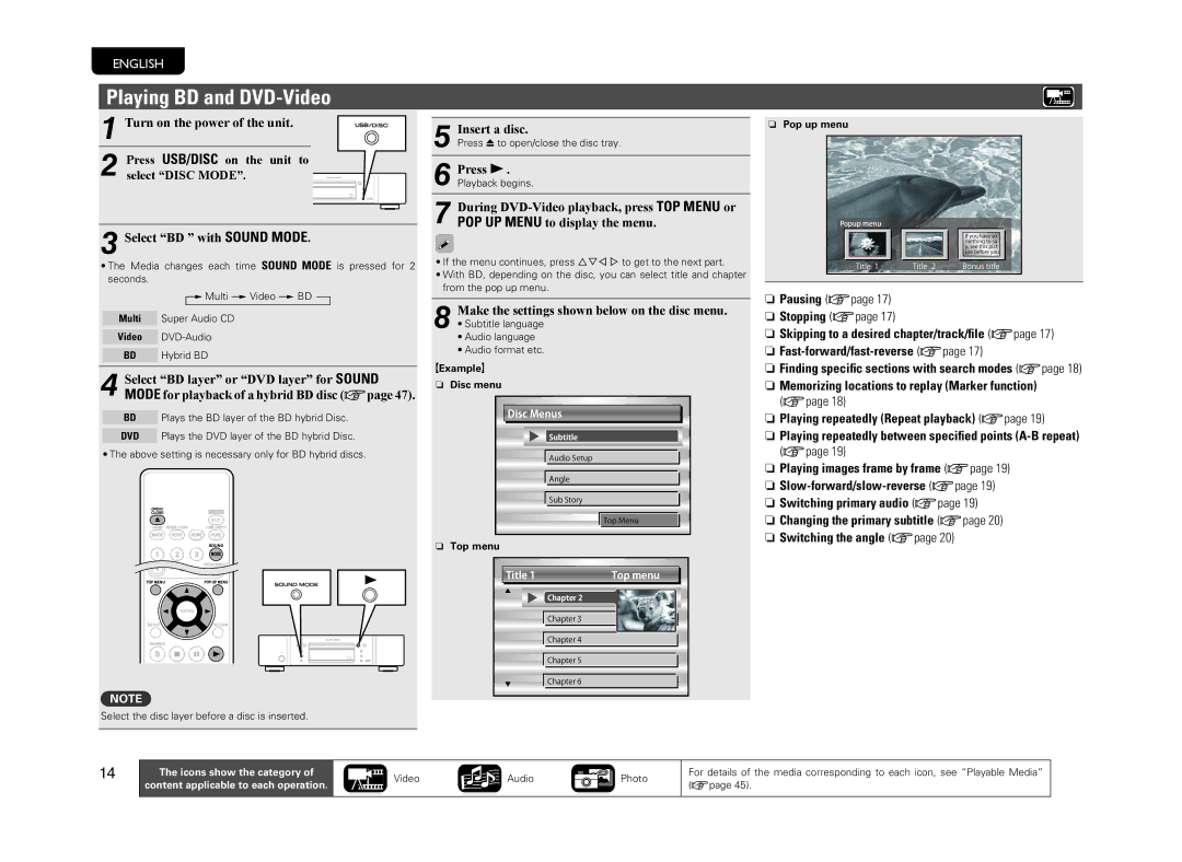 Marantz UD5005, 5411 10470 007M Playing BD and DVD-Video, Insert a disc, Make the settings shown below on the disc menu 