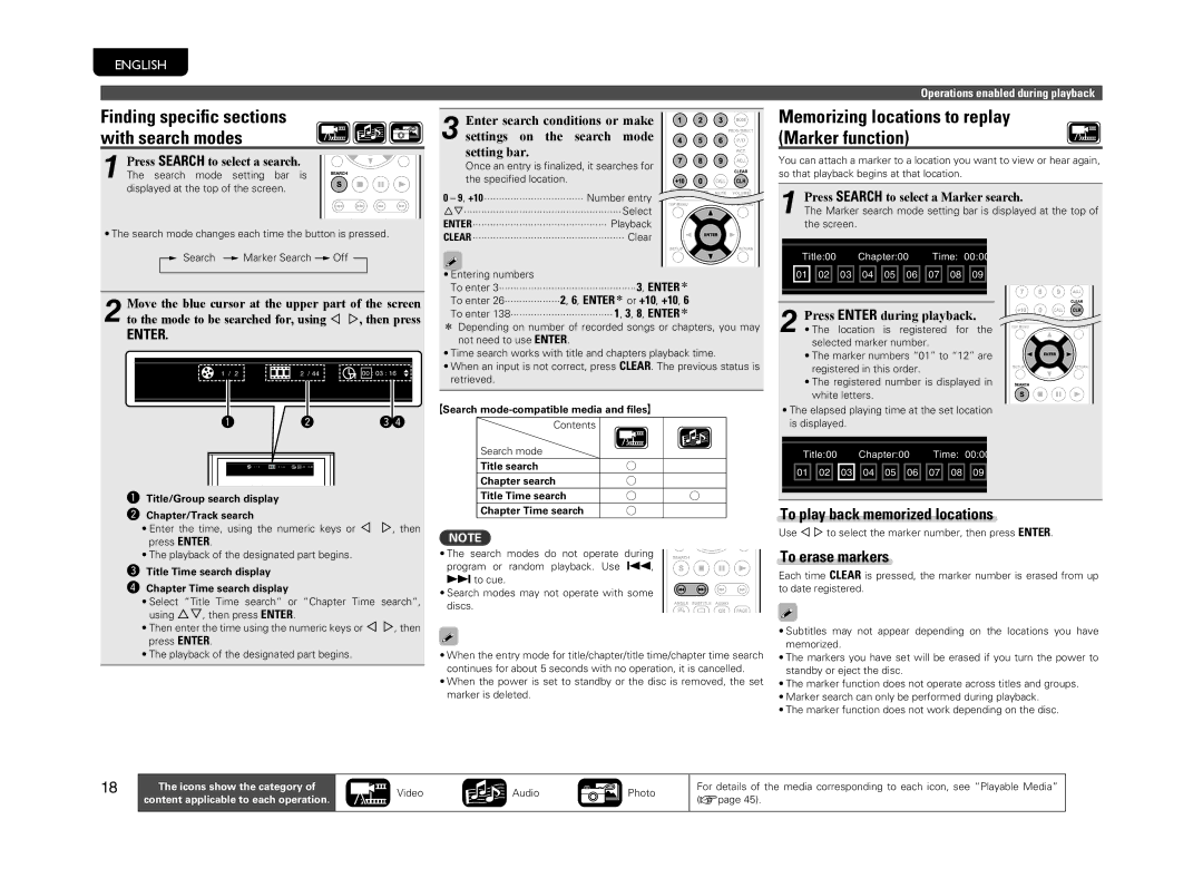 Marantz UD5005 manual Memorizing locations to replay Marker function, To play back memorized locations, To erase markers 