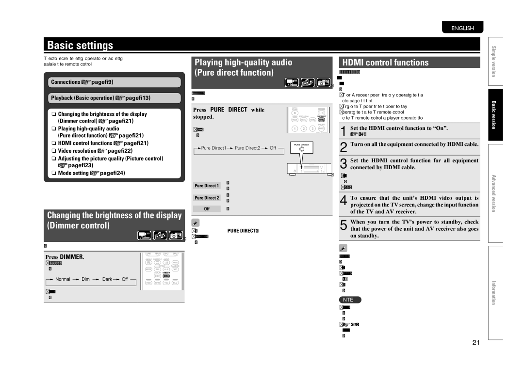 Marantz 5411 10470 007M Basic settings, Changing the brightness of the display Dimmer control, Hdmi control functions 