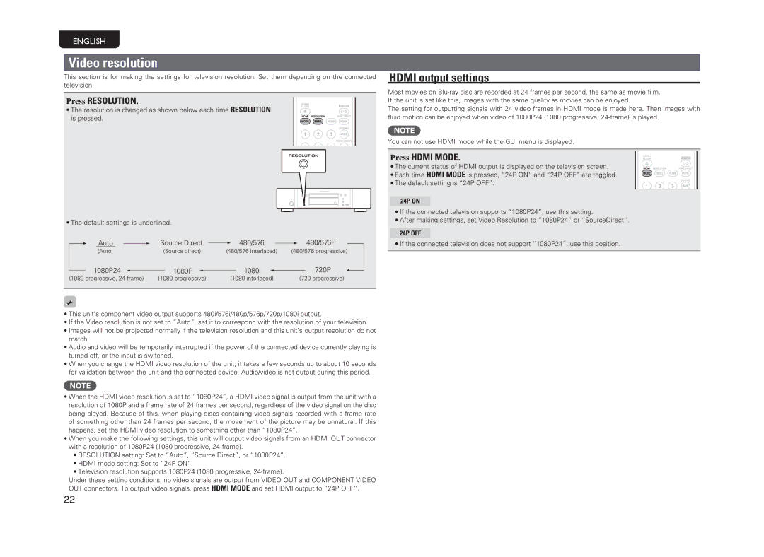 Marantz UD5005, 5411 10470 007M manual Video resolution, Hdmi output settings, 24P on, 24P OFF 