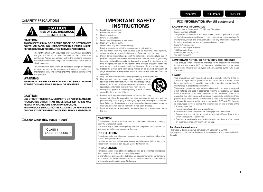 Marantz 5411 10470 007M, UD5005 Compiance Information, Important Notice do not Modify this Product, For Canadian customers 