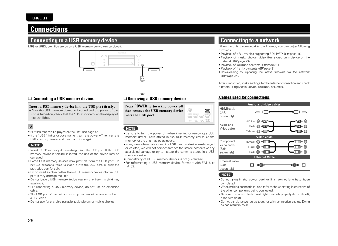 Marantz UD5005 manual Connecting to a USB memory device Connecting to a network, NnConnecting a USB memory device 