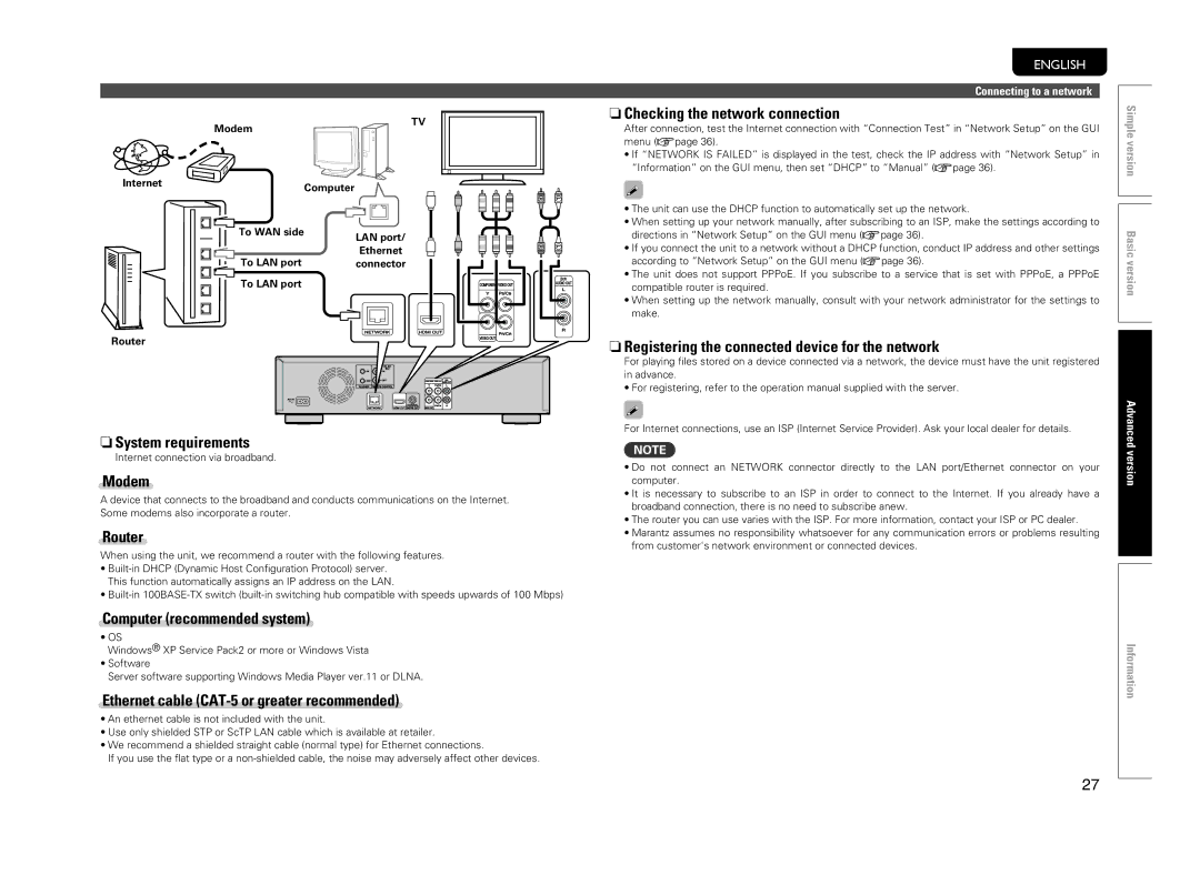 Marantz 5411 10470 007M manual NnChecking the network connection, NnRegistering the connected device for the network, Modem 