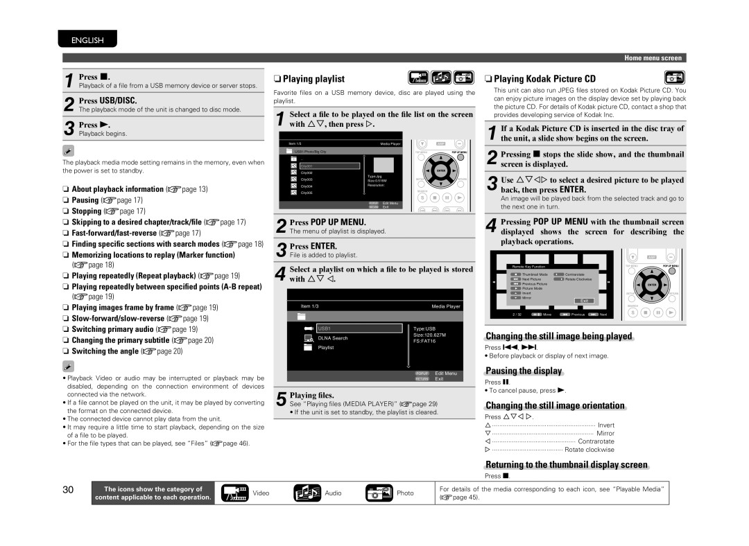 Marantz UD5005 NnPlaying playlist, NnPlaying Kodak Picture CD, Nn About playback information vpage 13 nn Pausing vpage 