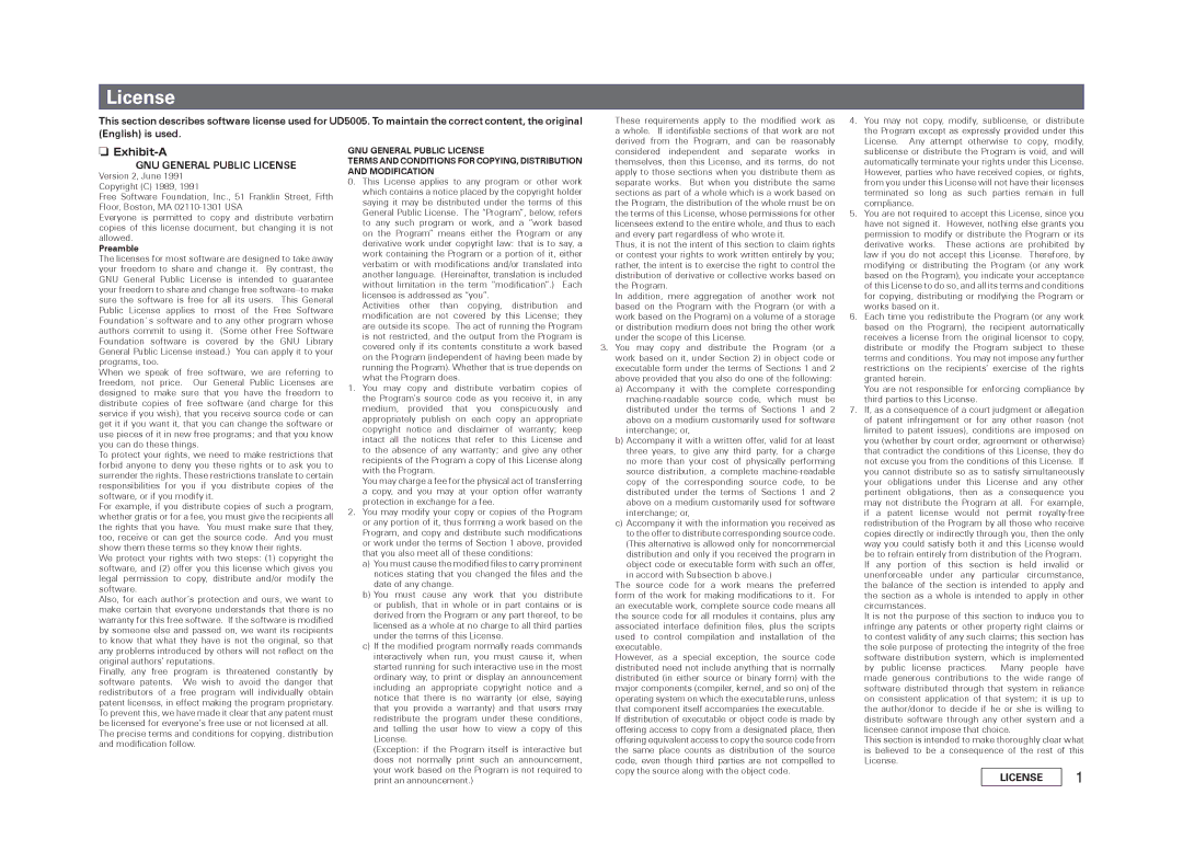 Marantz 5411 10470 007M, UD5005 manual Exhibit-A, GNU General Public License 