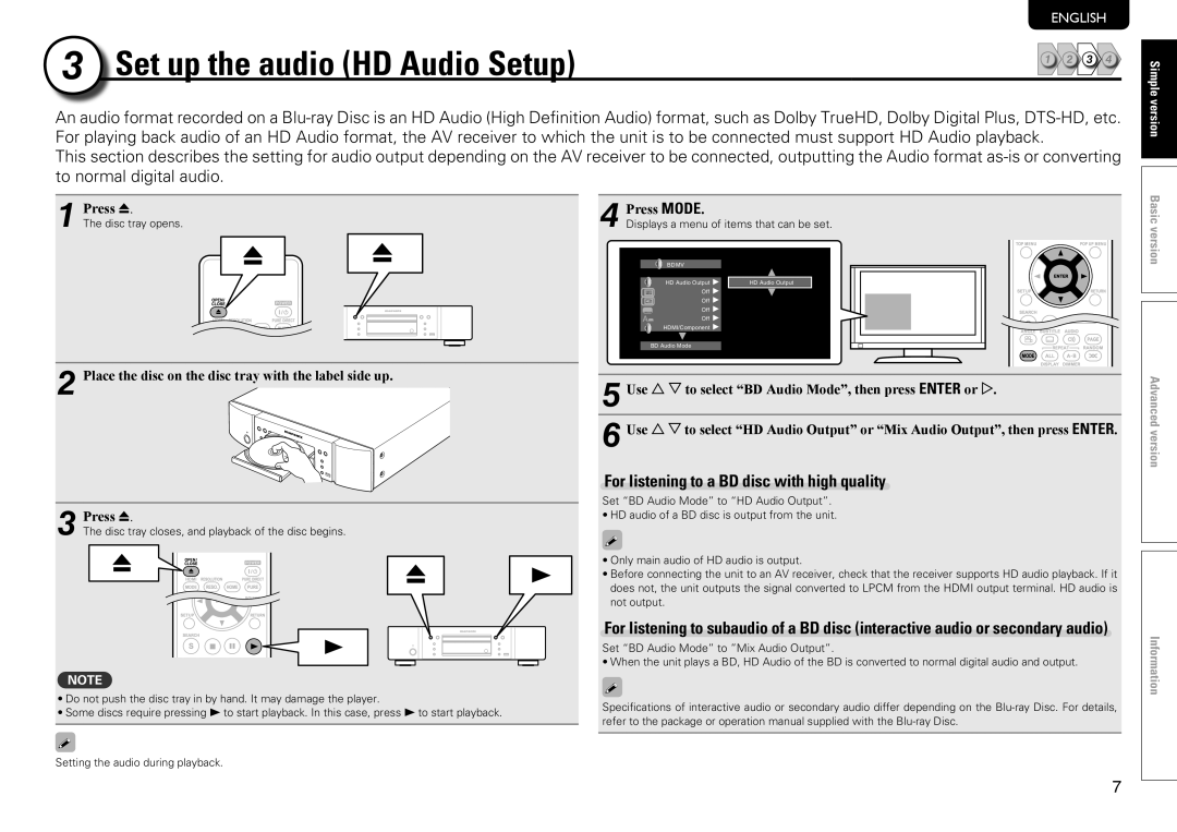 Marantz UD7006 manual For listening to a BD disc with high quality, Press Mode 