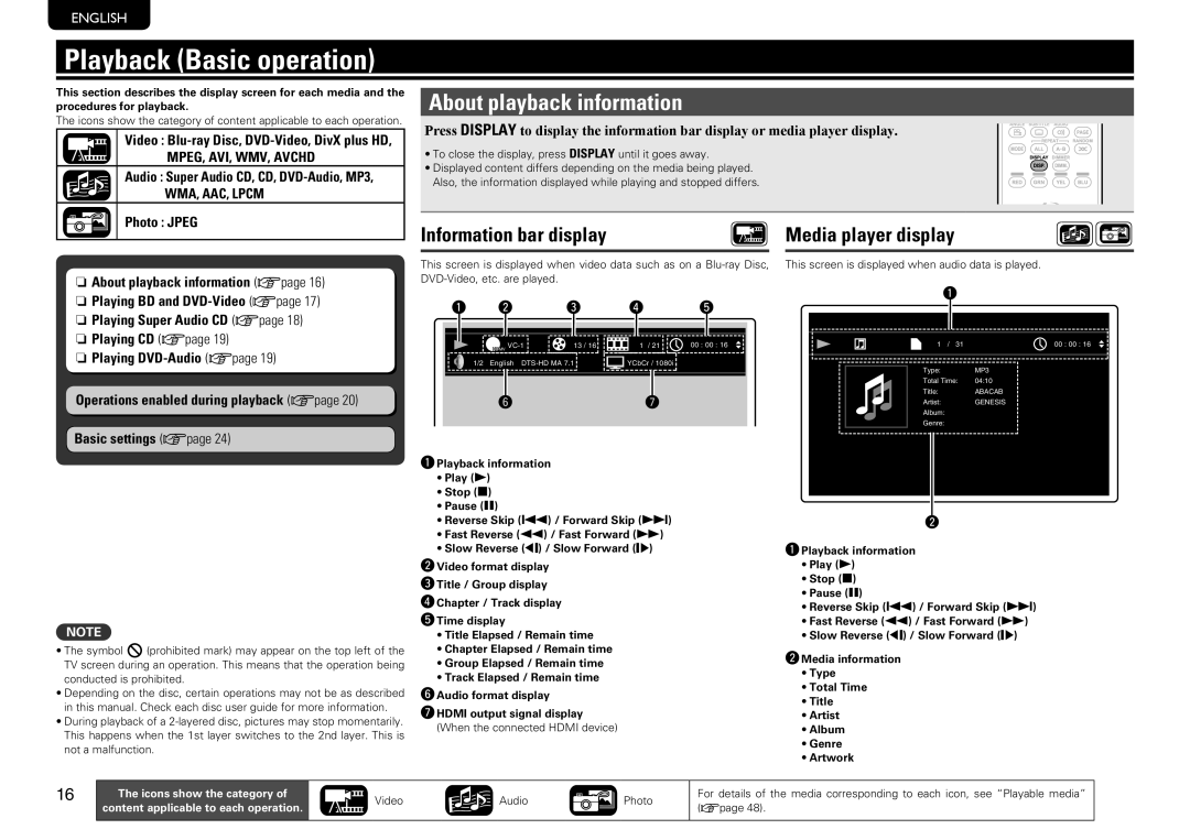 Marantz UD7006 Playback Basic operation, About playback information, Information bar display Media player display, E r t 