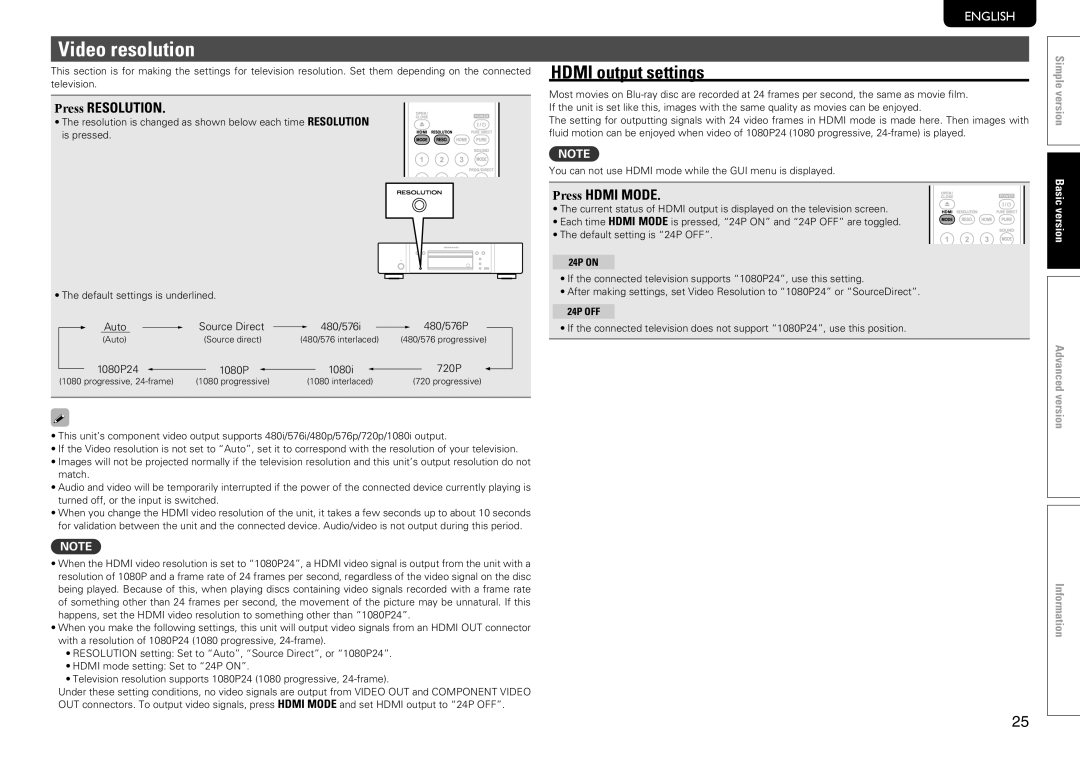 Marantz UD7006 manual Video resolution, Hdmi output settings, 1080P24 1080i 720P, 24P on, 24P OFF 