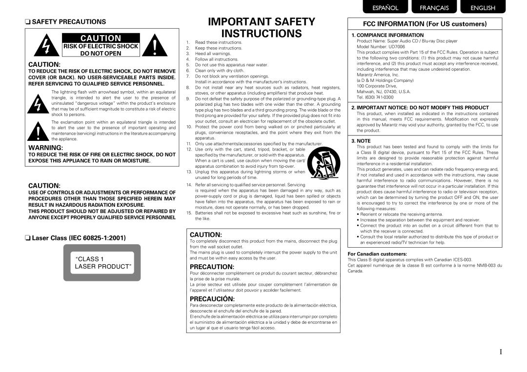 Marantz UD7006 manual Compiance Information, Important Notice do not Modify this Product, For Canadian customers 