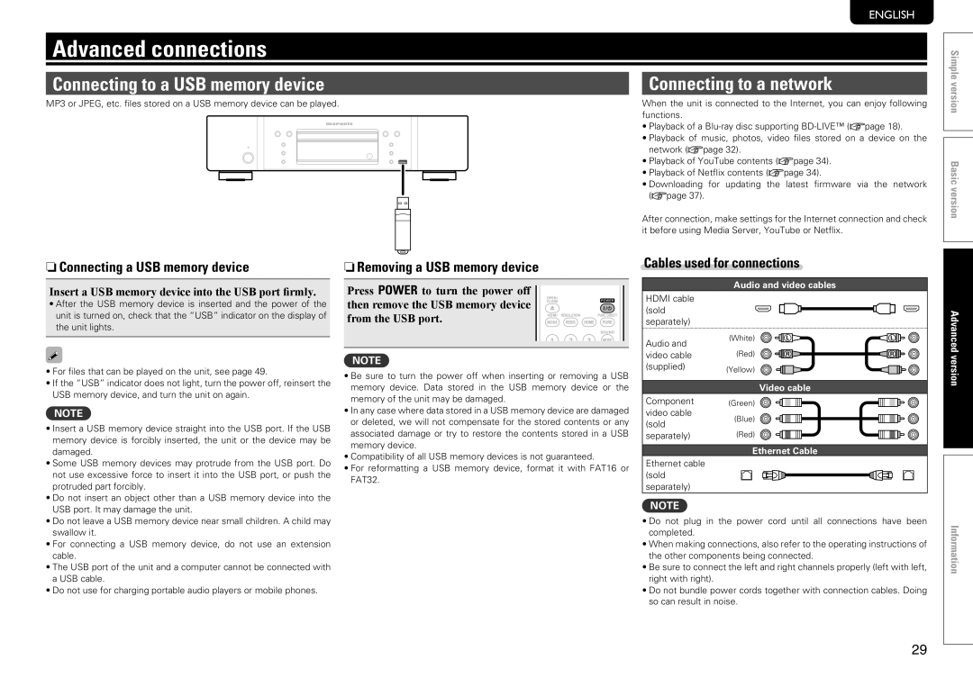 Marantz UD7006 manual Advanced connections, Connecting to a USB memory device, Connecting to a network 