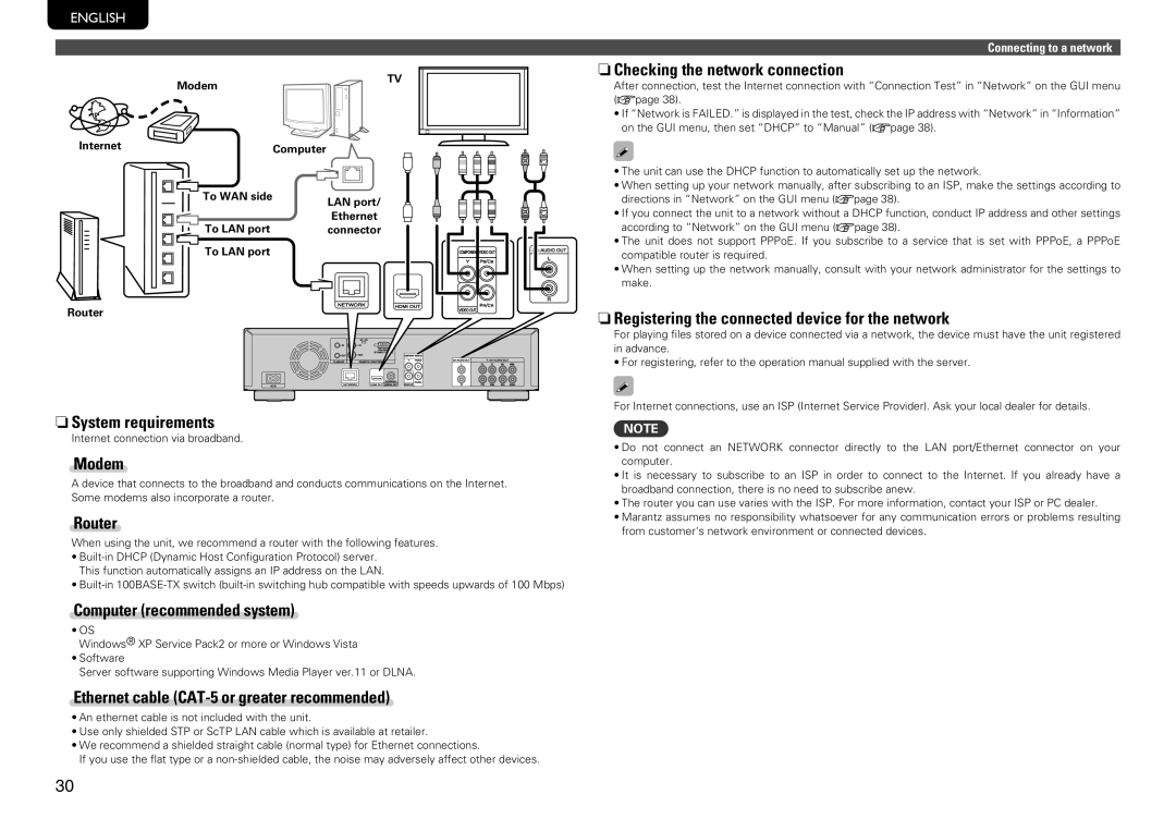 Marantz UD7006 manual NnChecking the network connection, NnRegistering the connected device for the network, Modem, Router 