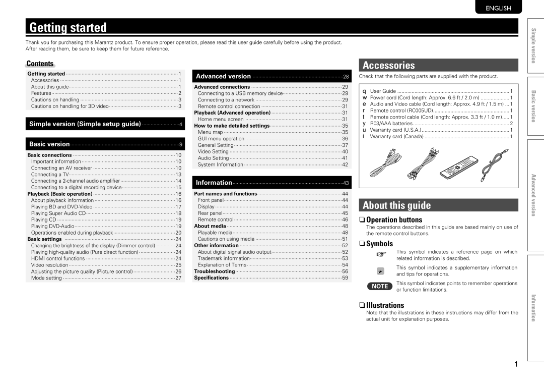 Marantz UD7006 manual Getting started, Accessories, About this guide 