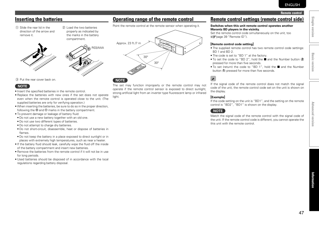 Marantz UD7006 manual Inserting the batteries, Remote control settings remote control side, GRemote control code settingH 