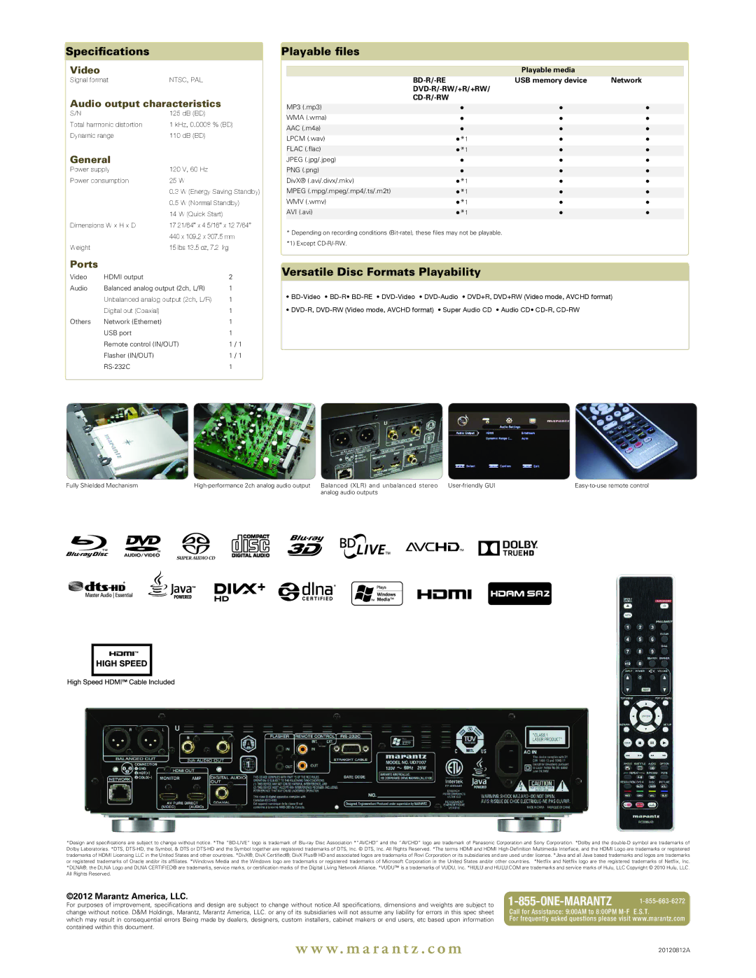 Marantz UD7007 quick start Specifications, Playable files, Versatile Disc Formats Playability 