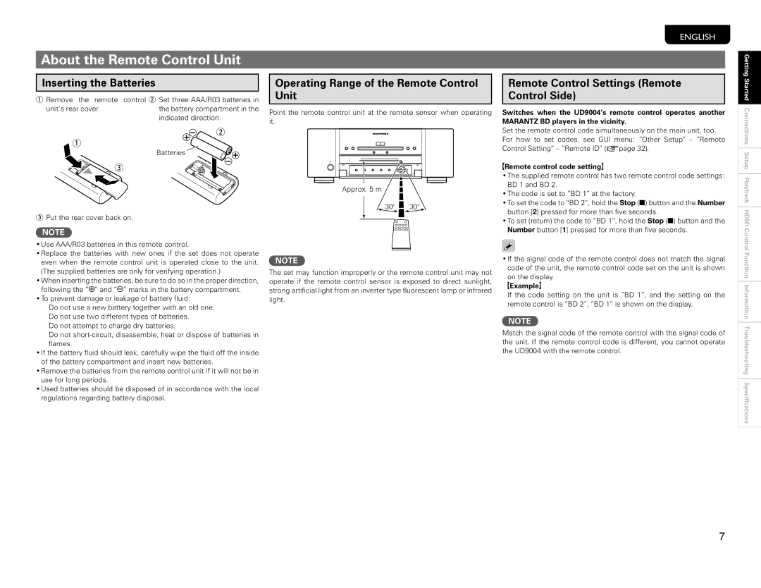 Marantz UD9004 manual About the Remote Control Unit, Inserting the Batteries, GRemote control code settingH 