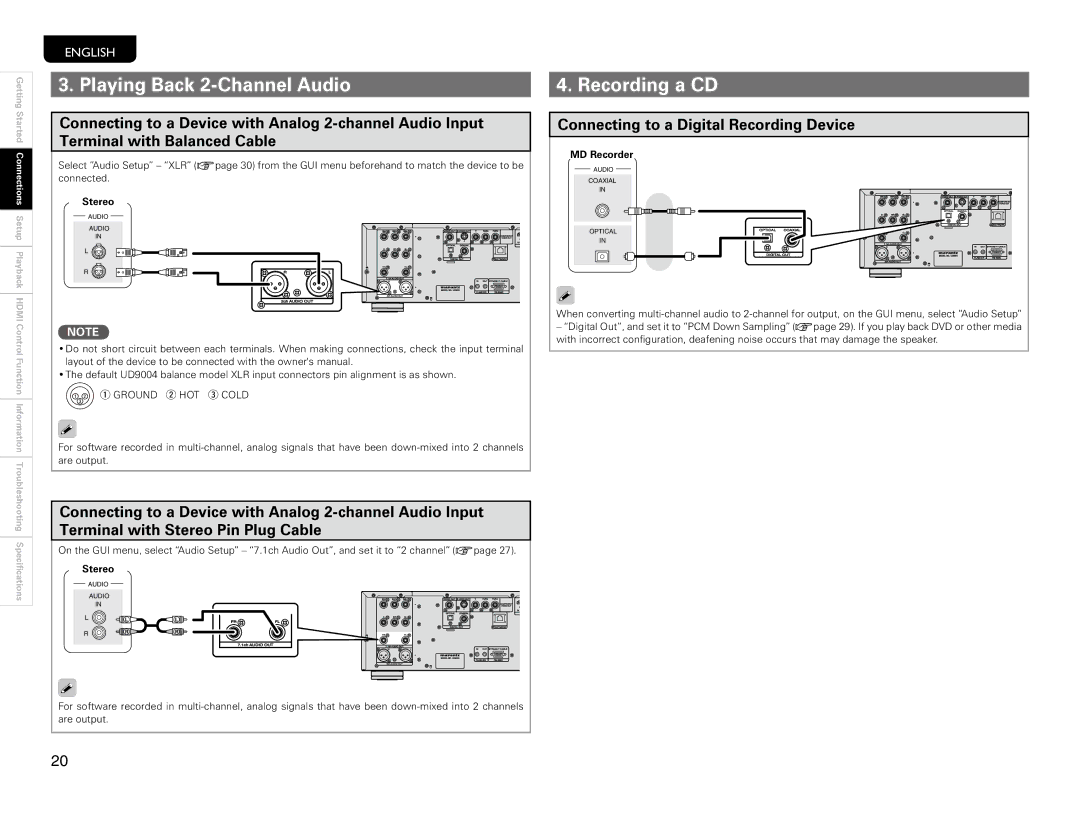 Marantz UD9004 Playing Back 2-Channel Audio, Recording a CD, Connecting to a Digital Recording Device, Stereo, MD Recorder 