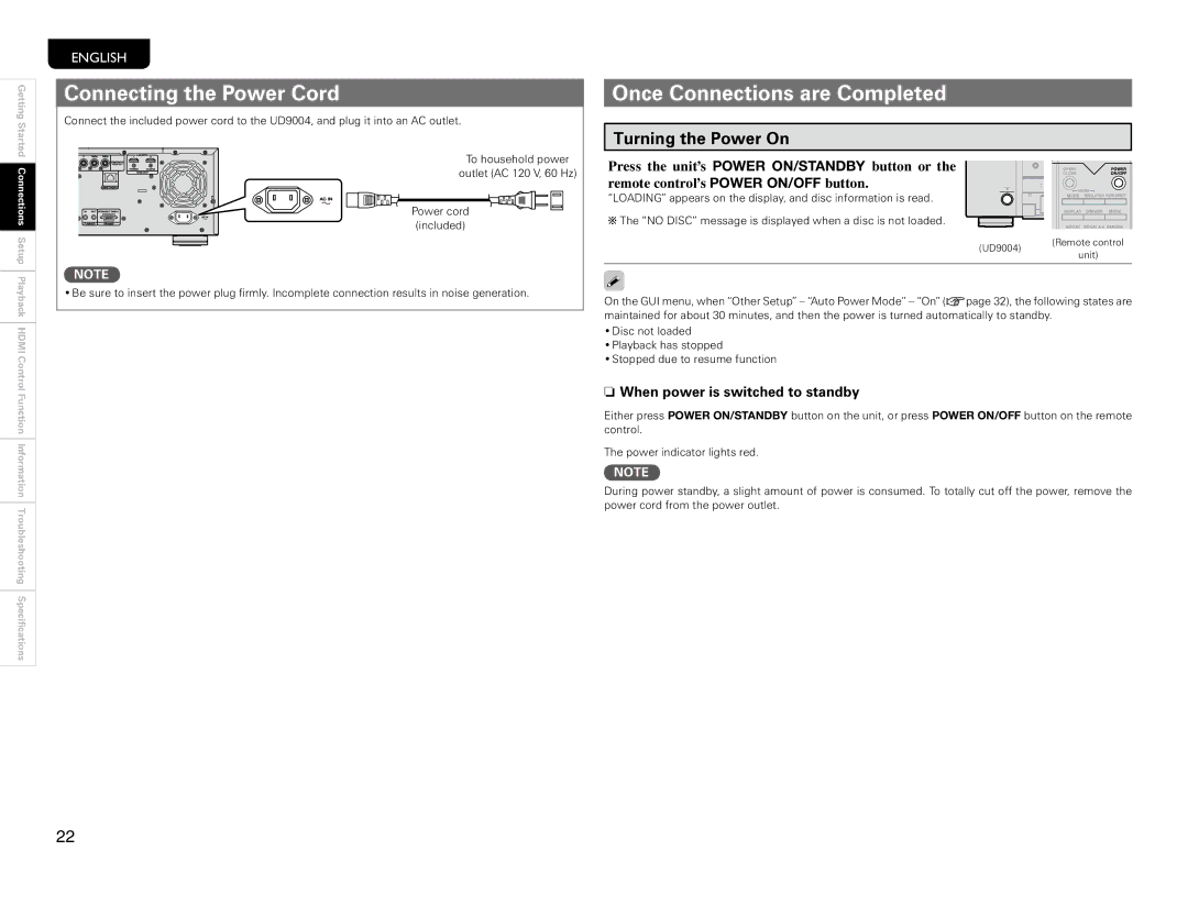 Marantz Connecting the Power Cord, Once Connections are Completed, Turning the Power On, UD9004 Remote control Unit 