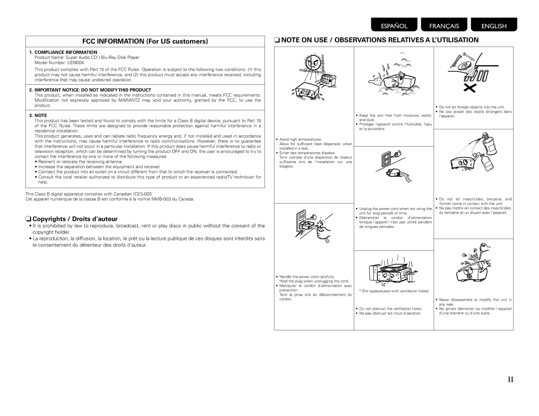 Marantz UD9004 manual FCC Information For US customers, Copyrights / Droits d’auteur,  .PEFM/VNCFS6% 