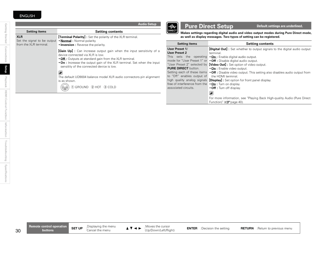 Marantz UD9004 manual Pure Direct Setup, Xlr 