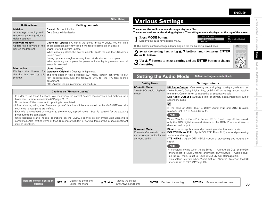 Marantz UD9004 manual Various Settings, Setting the Audio Mode, Other Setup 