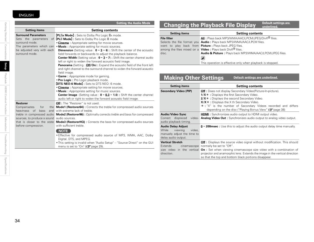 Marantz UD9004 Changing the Playback File Display, Making Other Settings, Setting the Audio Mode, Default settings are 