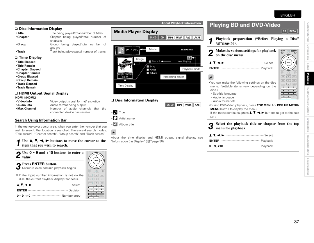 Marantz UD9004 manual Playing BD and DVD-Video, Disc Information Display, Time Display, Hdmi Output Signal Display 