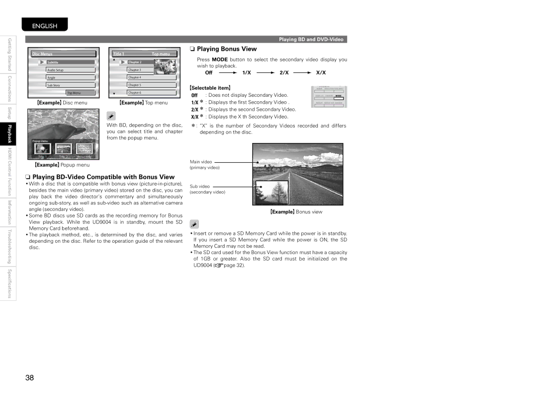 Marantz UD9004 manual Playing Bonus View, Playing BD-Video Compatible with Bonus View, Playing BD and DVD-Video 