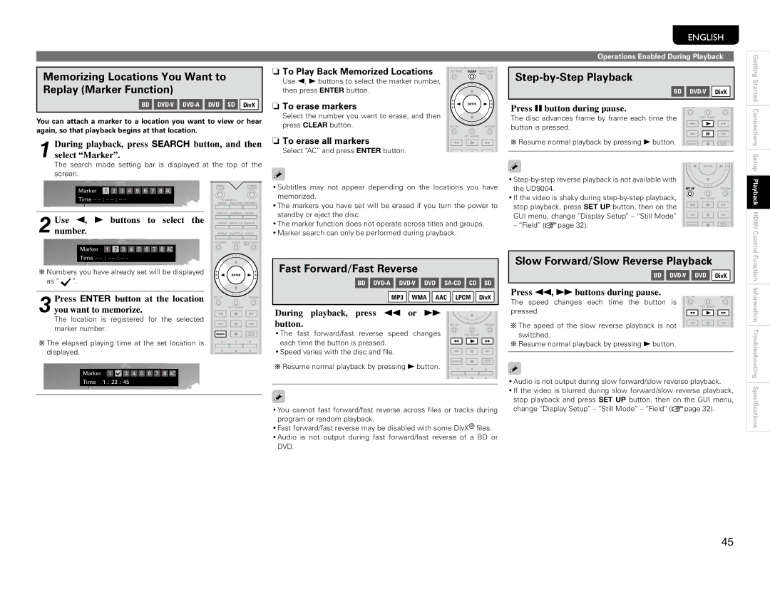 Marantz UD9004 Memorizing Locations You Want to Replay Marker Function, Fast Forward/Fast Reverse, Step-by-Step Playback 