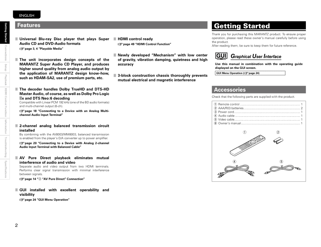 Marantz UD9004 manual Getting Started, Features, Accessories 