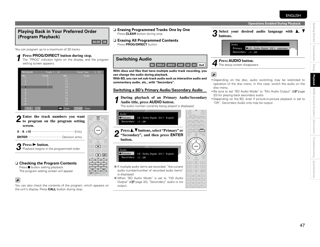 Marantz UD9004 manual Playing Back in Your Preferred Order Program Playback, Switching Audio 