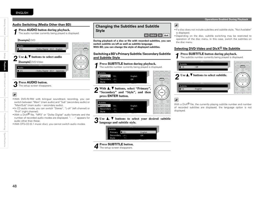 Marantz UD9004 manual Changing the Subtitles and Subtitle Style, Audio Switching Media Other than BD, GExample H DVD 