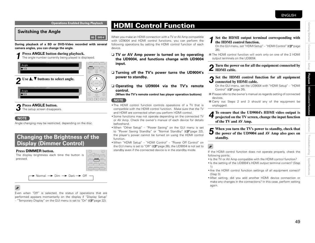 Marantz UD9004 manual Hdmi Control Function, Changing the Brightness of the Display Dimmer Control, Switching the Angle 