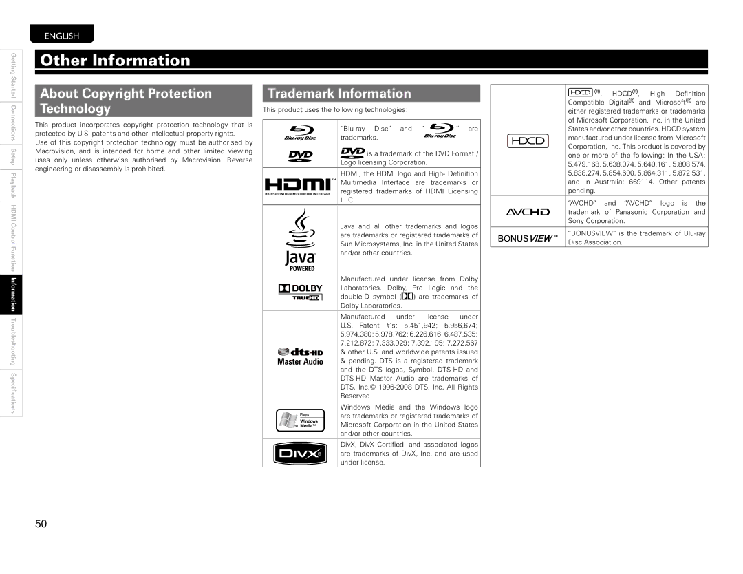 Marantz UD9004 manual Other Information, About Copyright Protection Technology, Trademark Information 