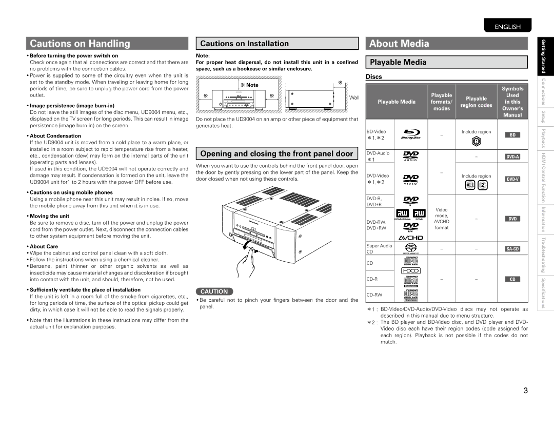 Marantz UD9004 manual About Media, Opening and closing the front panel door, Discs, Playable Media Formats 