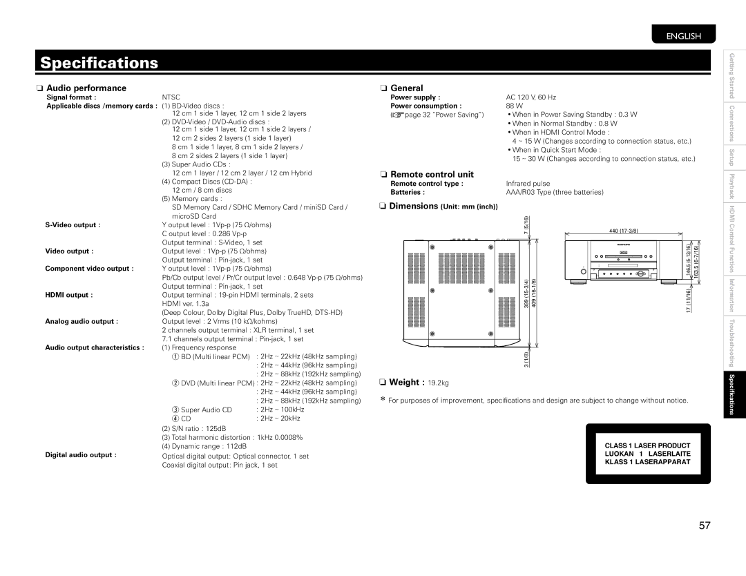 Marantz UD9004 manual Speci, Audio performance, General, Remote control unit, Weight 19.2kg 