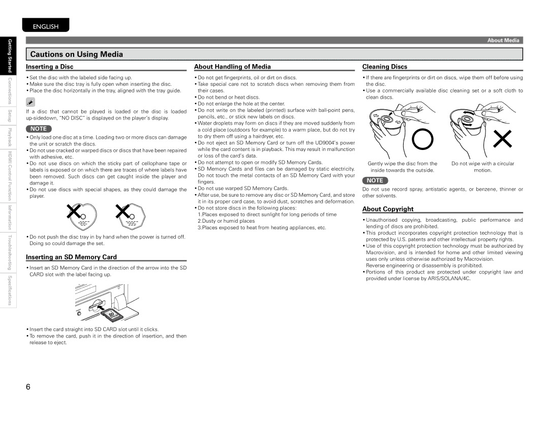 Marantz UD9004 Inserting a Disc, Inserting an SD Memory Card, About Handling of Media, Cleaning Discs, About Copyright 