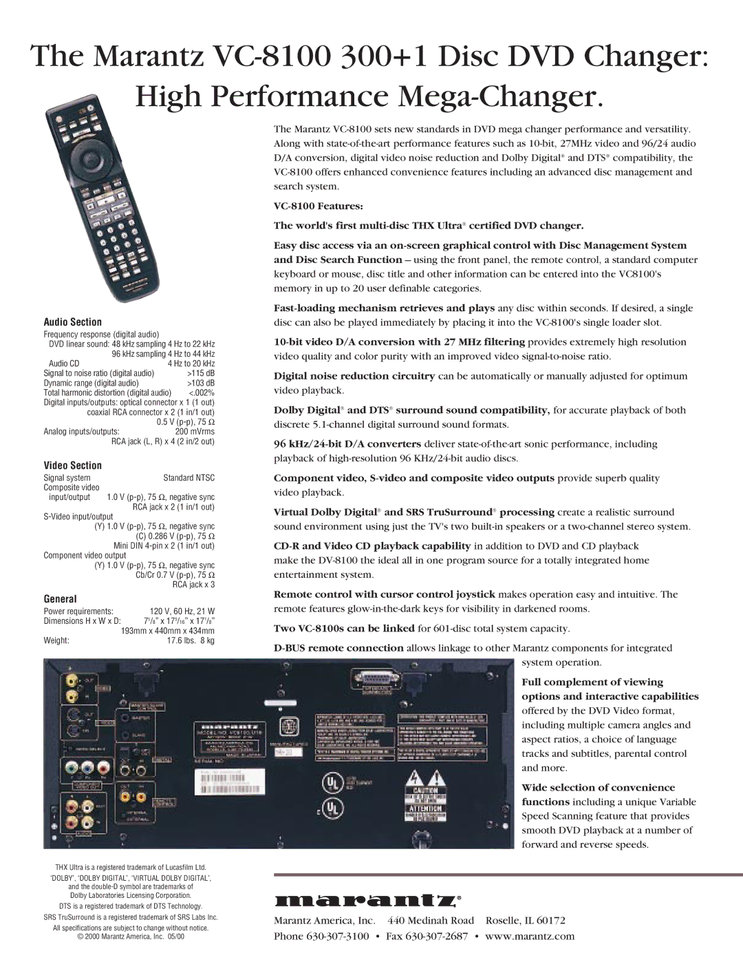 Marantz VC-8100 specifications Wide selection of convenience, Audio Section, Video Section, General 