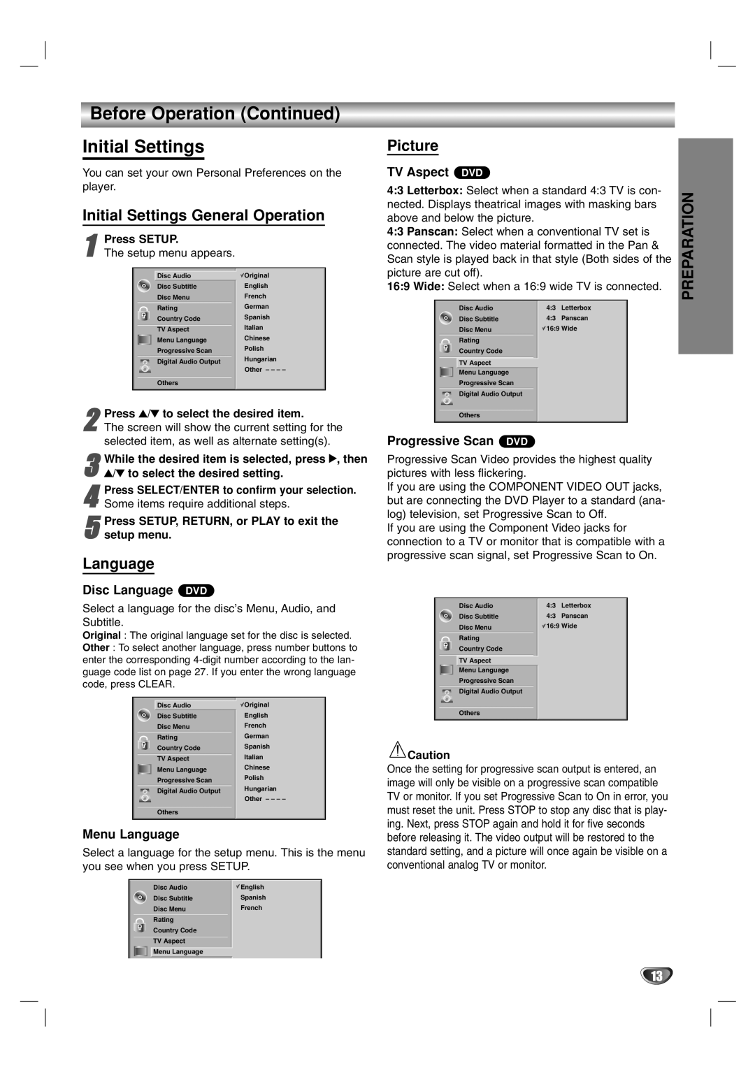 Marantz VC4400 manual Before Operation Initial Settings, Initial Settings General Operation, Language, Picture 