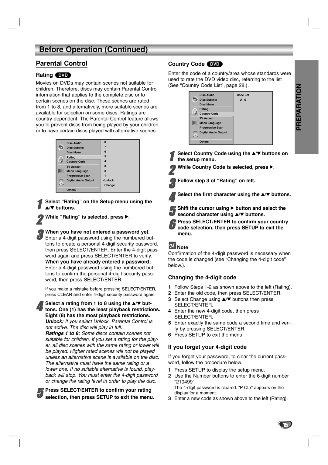 Marantz VC4400 Parental Control, Rating DVD, Country Code DVD, Changing the 4-digit code, If you forget your 4-digit code 