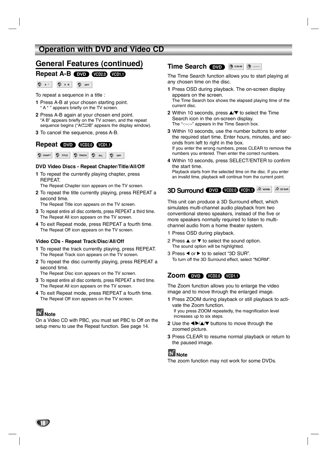 Marantz VC4400 manual Time Search, 3D Surround DVD, DVD Video Discs Repeat Chapter/Title/All/Off 