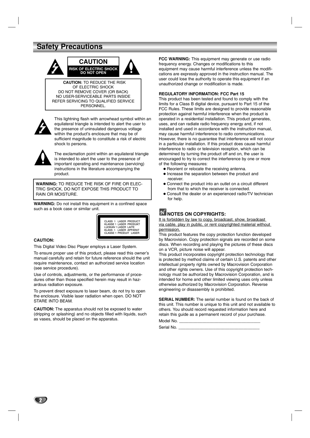 Marantz VC4400 manual Safety Precautions, Regulatory Information FCC Part 