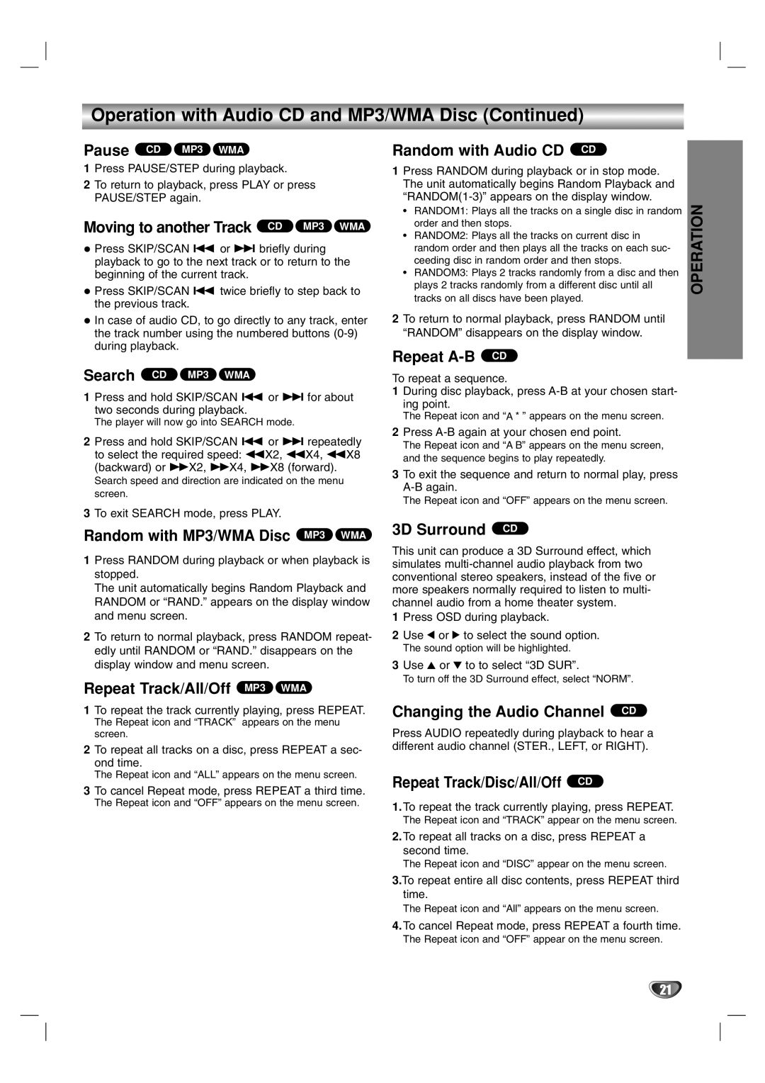 Marantz VC4400 manual Moving to another Track CD MP3 WMA, Random with MP3/WMA Disc MP3 WMA, Repeat Track/All/Off MP3 WMA 