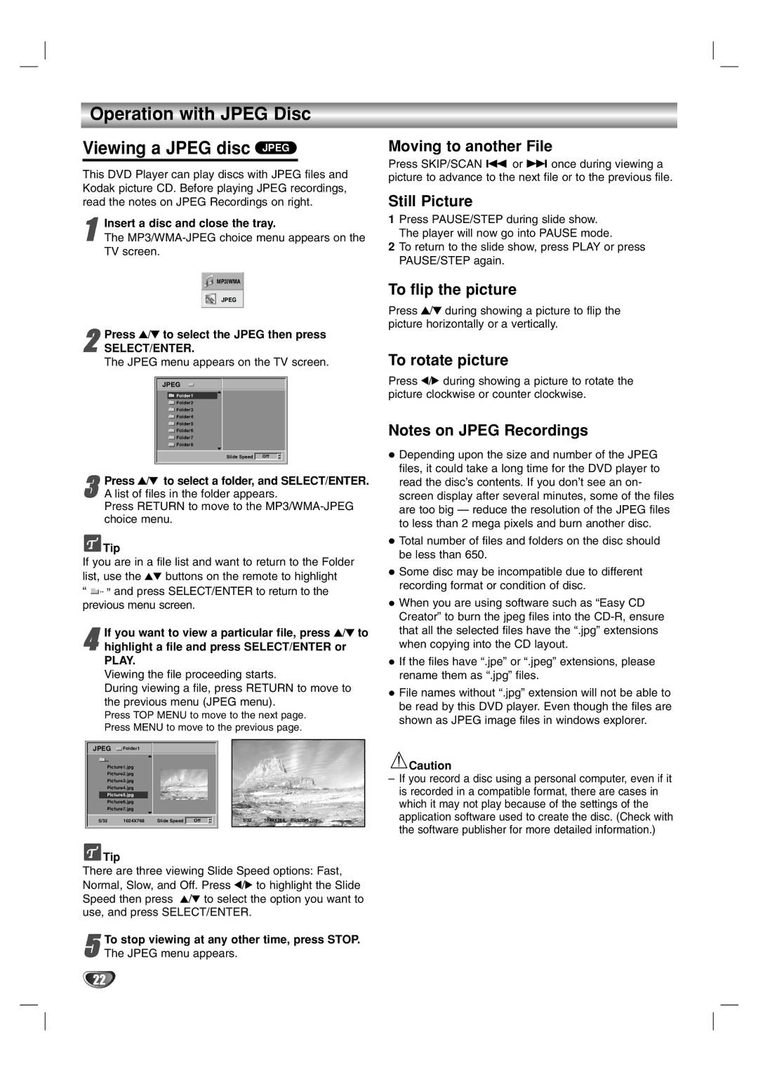 Marantz VC4400 Operation with Jpeg Disc Viewing a Jpeg disc Jpeg, Moving to another File, Still Picture, To rotate picture 