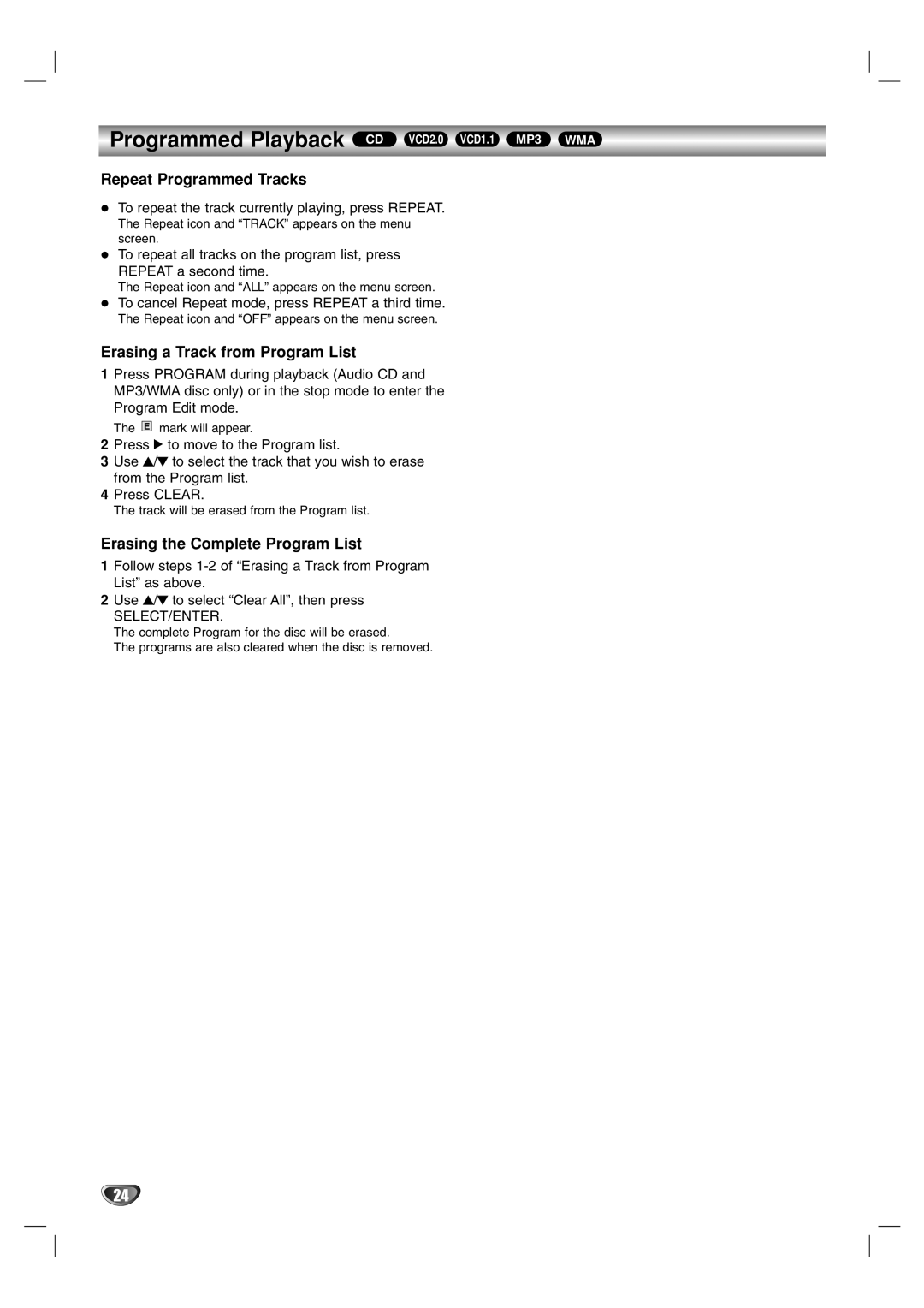 Marantz VC4400 manual Repeat Programmed Tracks, Erasing a Track from Program List, Erasing the Complete Program List 