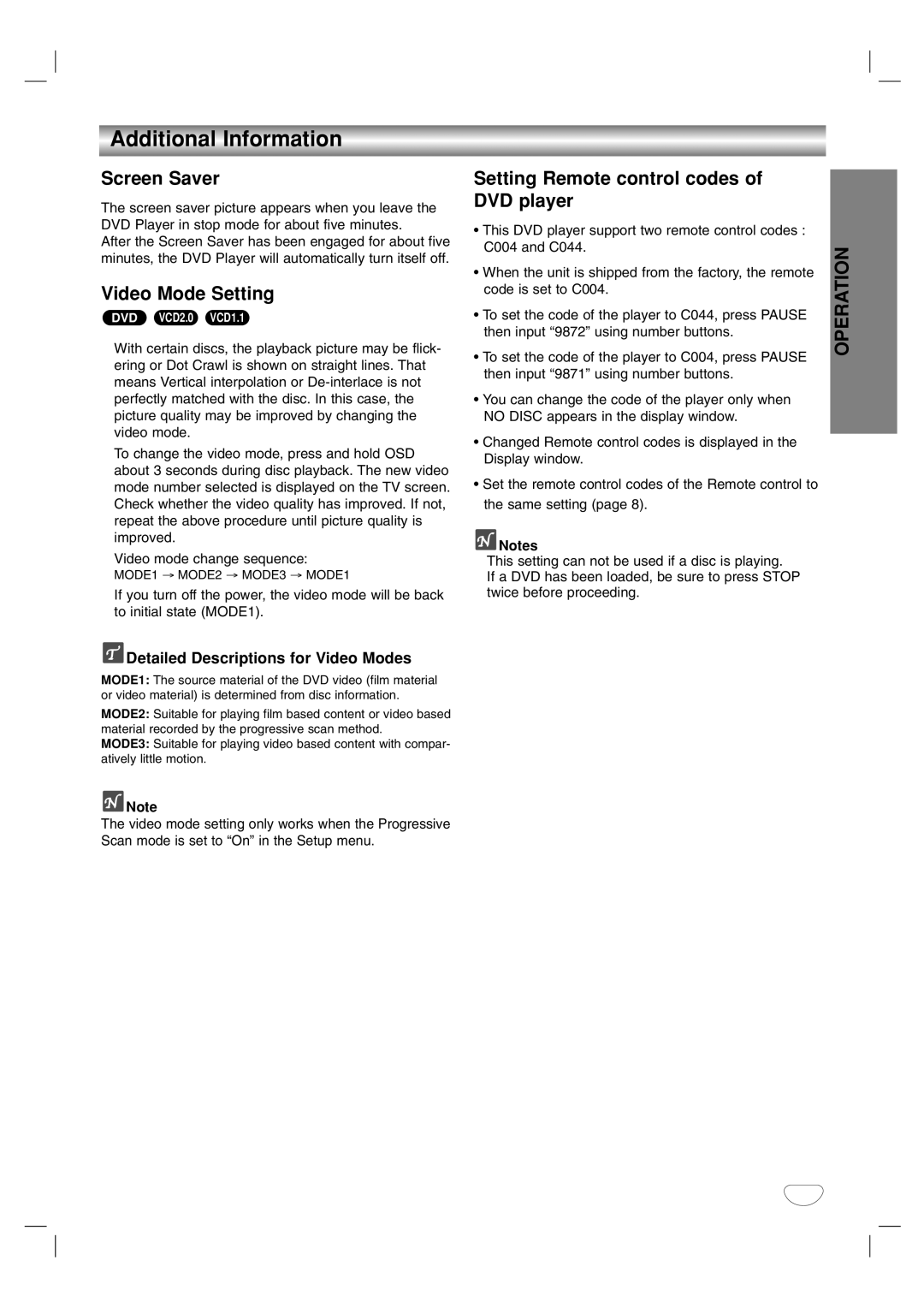 Marantz VC4400 manual Additional Information, Screen Saver, Video Mode Setting, Setting Remote control codes of DVD player 