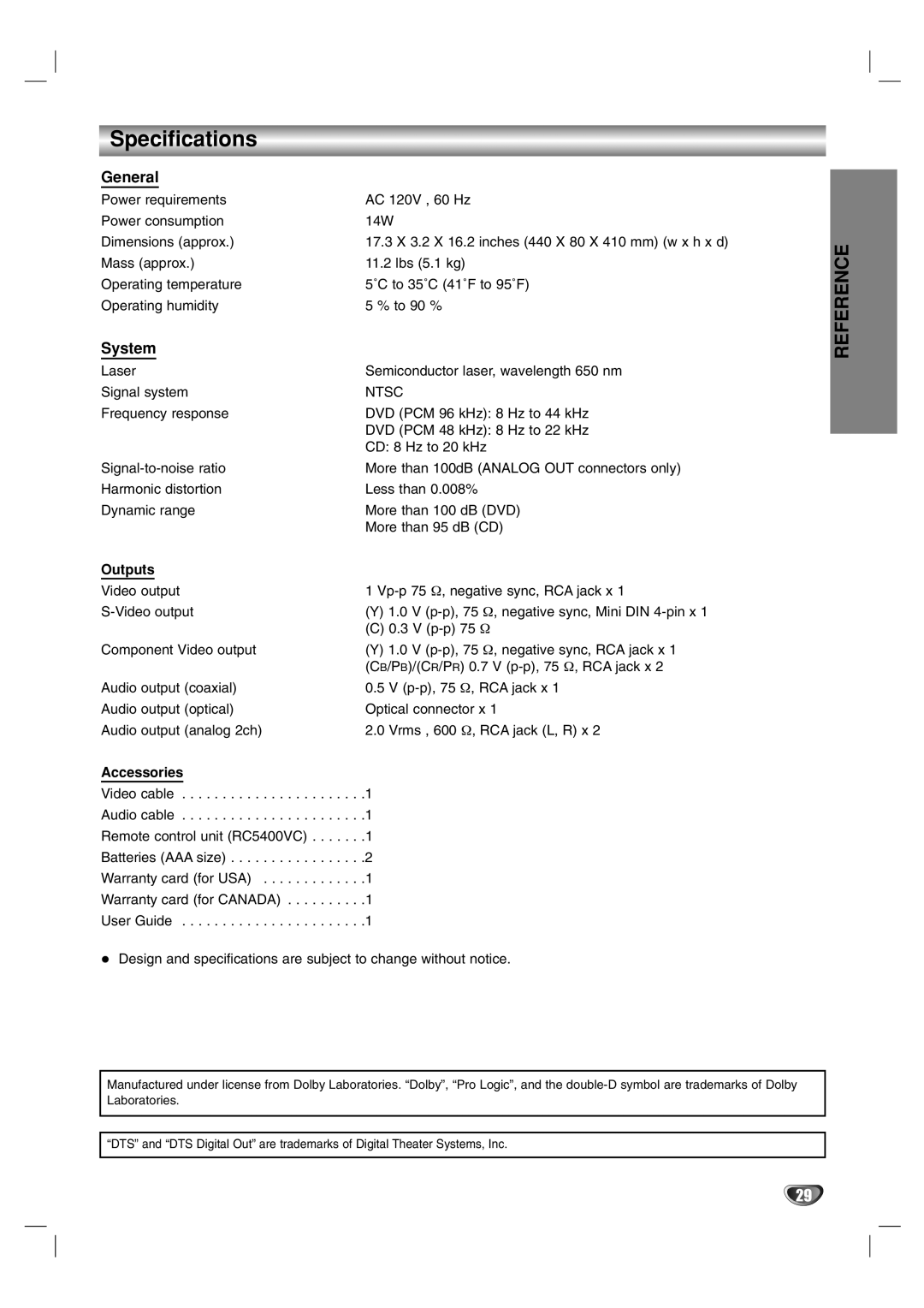 Marantz VC4400 manual Specifications, General, System, Outputs, Accessories 