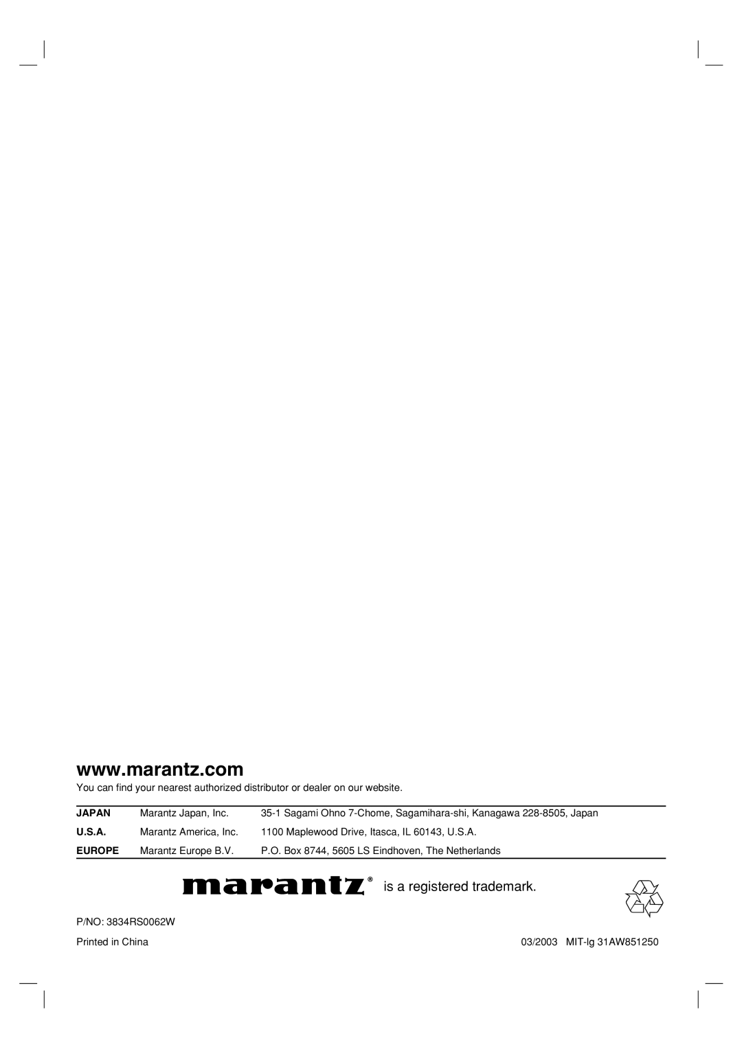 Marantz VC4400 manual Is a registered trademark 